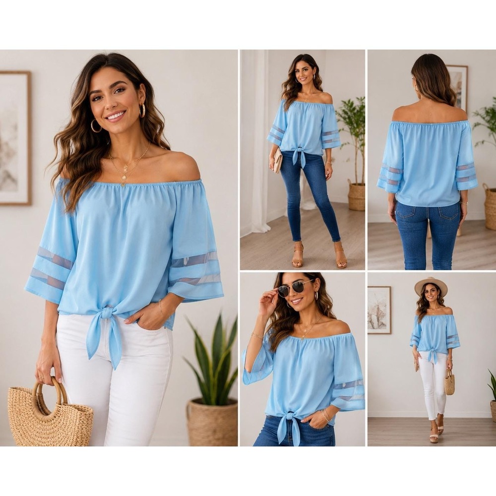 Off Shoulder Tie Front Blouse Womens L Light Blue Bell Sleeve Mesh Trim Top